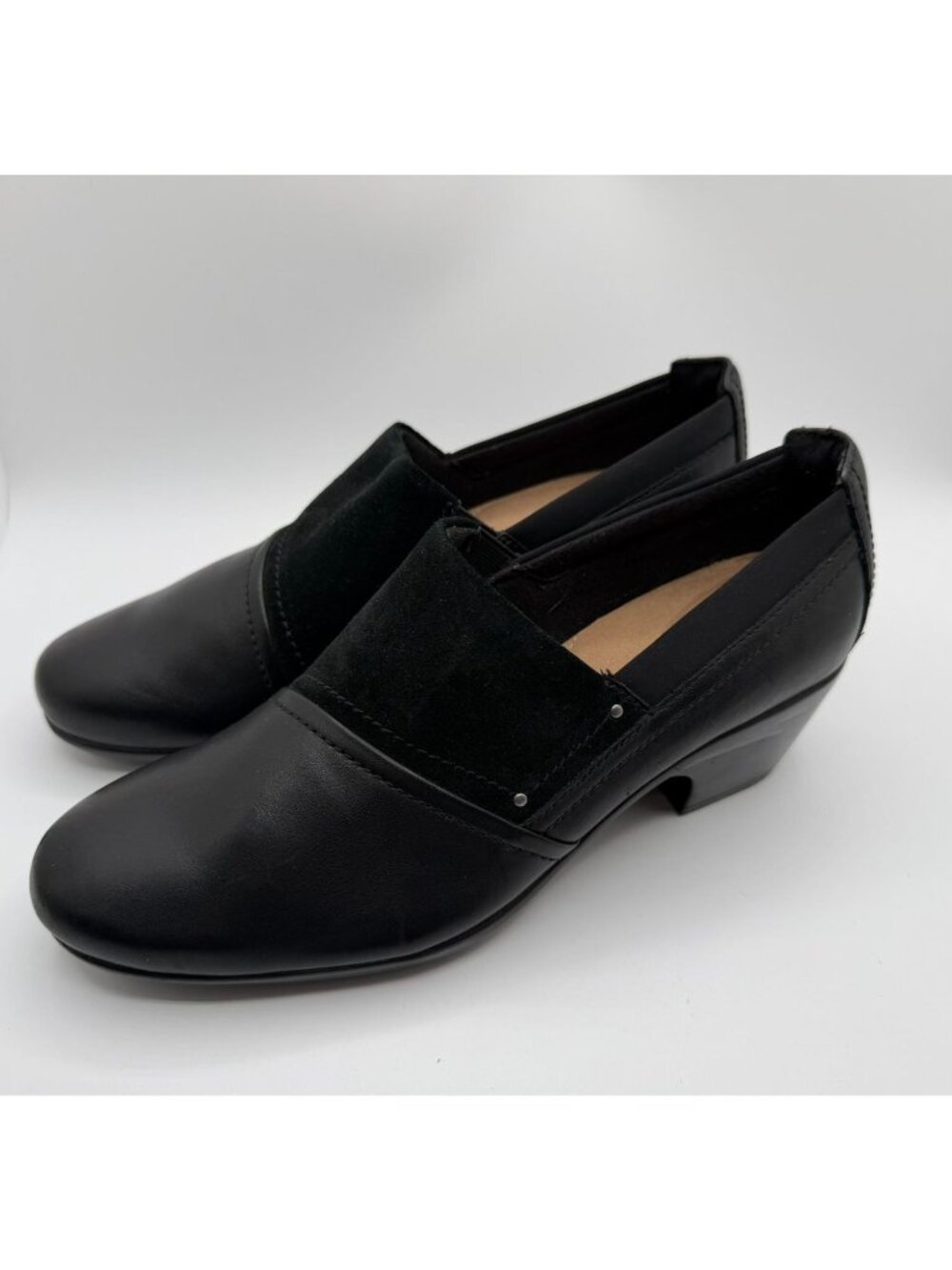 Clarks Emily Step Heel Loafers Women's Size 10M Black Leather/Suede Work Shoes